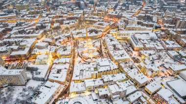 Top view of Ivano-Frankivsk in winter at Christmas time.