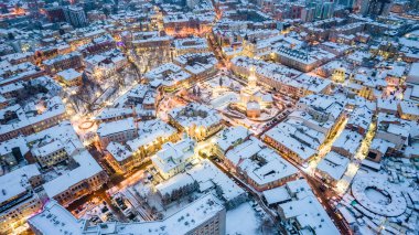 Top view of Ivano-Frankivsk in winter at Christmas time.