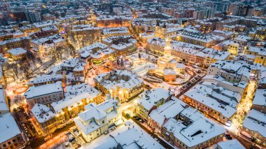 Top view of Ivano-Frankivsk in winter at Christmas time.