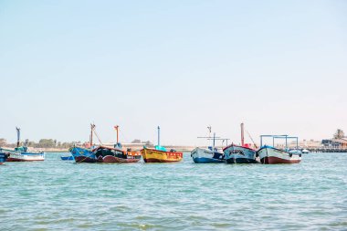 Paracas, Peru - Ekim 2021: Peru 'daki Paracas Körfezi' nde çok renkli tekneler.