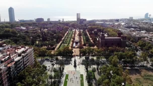 Беспилотник Барселоне Плотное Развитие Барселоне Вид Воздуха Город Испании Панорамный — стоковое видео
