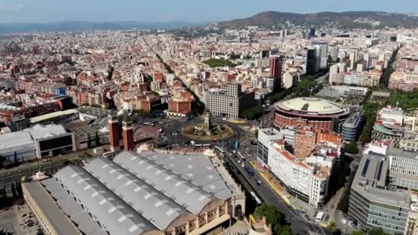 Drone Shot Plaza Espaa Barcelona Ορόσημο Της Πόλης Της Βαρκελώνης — Αρχείο Βίντεο