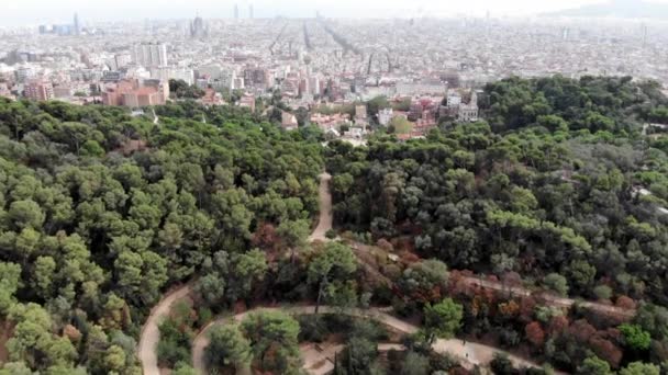 Панорамный Вид Барселону Испания Дрона Парк Вершине Барселоны Вид Сады — стоковое видео