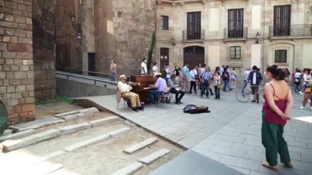 ストリートミュージシャンはバルセロナの聖十字架大聖堂と聖ユーラリアの近くで演奏します ストリートミュージシャン協会 バルセロナのゴシック地区 — ストック動画