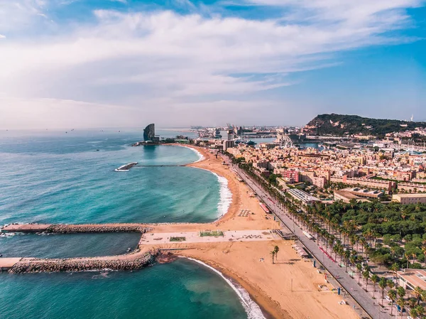 İnsansız hava aracı Barcelona 'yı vurdu. Barcelona 'da canlı bir yüzme ve güneşlenme sahili. İnsanlar plajda dinleniyor. Barselona 'nın panoramik manzarası. İHA 'dan İspanya.