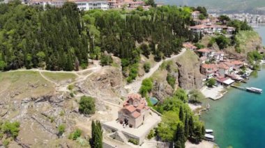 Drone view of the Church of St. John Kaneo in Ohrid. Church of St. John the Evangelist. Drone shot of the Macedonian Orthodox Church, located on a cliff above the Kaneo beach in the city of Ohrid