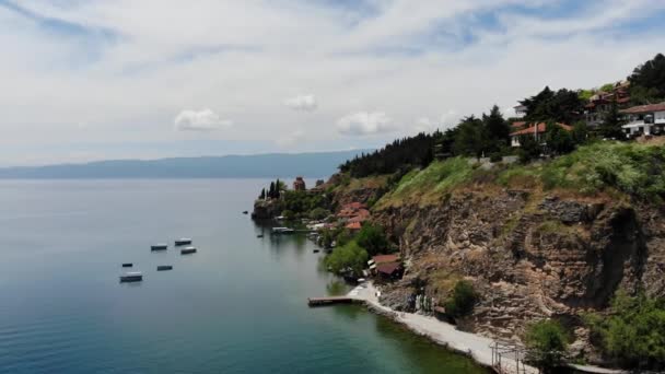 Drone Pohled Letovisko Města Ohrid Dron Střílel Výhledem Jezero Ohrid — Stock video