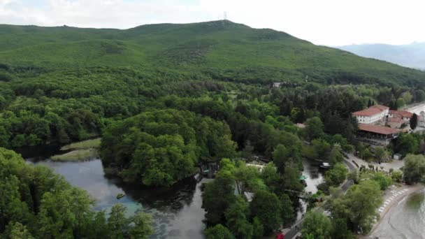 Drone Shot Cafes Restaurants Shores Lake Ohrid Drone View Green — Vídeo de Stock