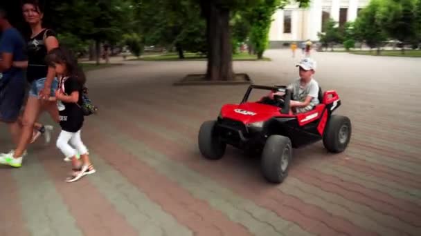 Boy Rides Children Car Park Odessa Children Entertainment Summer Amusement — Wideo stockowe