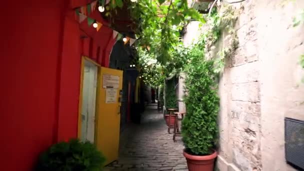 ホテル パッセージのオデッサで最も狭い通り ユニークなオデッサの中庭 ワークショップや雰囲気のカフェ 古いヨーロッパの都市の歴史的な舗装石 — ストック動画