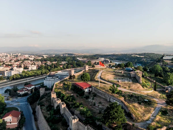 Widok Drona Twierdzy Skopje Twierdza Kale Kompleks Budowli Obronnych Stanowisko — Zdjęcie stockowe