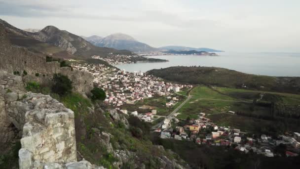 Middeleeuwse Vesting Aan Montenegrijnse Kust Uitzicht Vanaf Bergen Sutomore Montenegro — Stockvideo