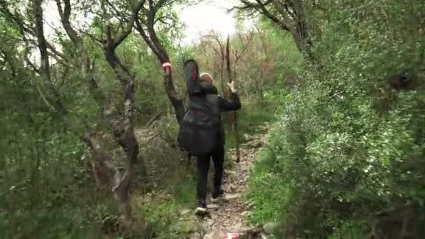 一个带着吉他的男孩沿着山路爬山 在黑山的山上远足 一个年轻的登山向导 他走在黑山的山上 — 图库视频影像
