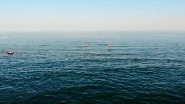 黒海のSupボードで泳ぐ無人機からの眺め 海の上で活発な休息 オデッサのサーフボードでリラックスしてください 趣味は Supボードで泳ぐことです 座高リゾートのドローン撮影 ホリデーシーズンオデッサ — ストック動画