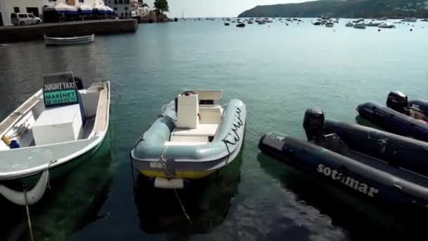 Vista Panorâmica Praia Platja Gran Esportal Cadaqus Barcos Pesca Cruzeiro — Vídeo de Stock