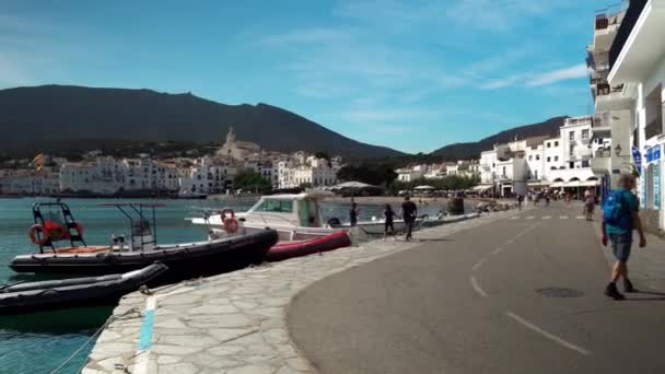 Αλιευτικά Και Κρουαζιερόπλοια Στην Προκυμαία Της Cadaqus Ισπανίας Παράκτια Πόλη — Αρχείο Βίντεο