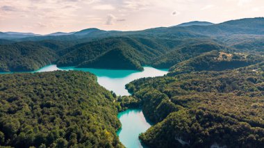 Drone Hırvatistan 'da Plitvice Lakes Ulusal Parkı' nı vurdu. Hırvatistan 'ın orta kesimindeki orman rezervi şelaleler ve kireçtaşı kanyonla birbirine bağlı bir göl. Göller arasında yürüyüş parkurları. Bir orman.