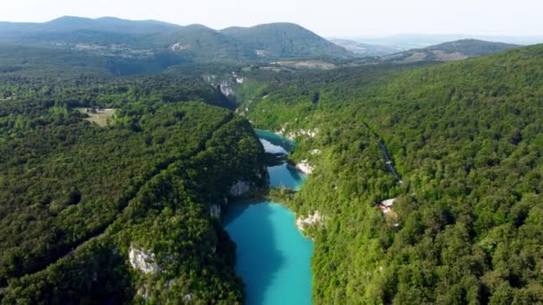Drone Shot Plitvice Lakes National Park Croatia Forest Reserve Central — Stock Video