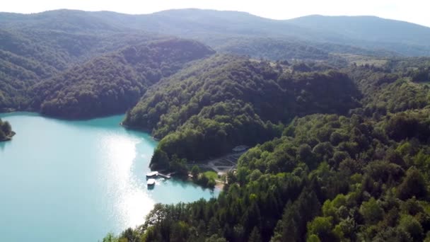 Drone Shot Plitvice Lakes National Park Croatia Forest Reserve Central — Stockvideo