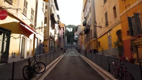 Ruas Cidade Cidade Francesa Nice Janelas Compras França Tráfego Urbano — Vídeo de Stock