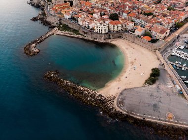 Drone shot of the old city of Antibes. Cote d'Azur of the Mediterranean Sea of France. Resort on the French Riviera Antibes.Beach on the Cote d'Azur Antibes.