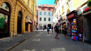 Central street with cafes and restaurants in Zagreb. Colorful streets with people in Zagreb. Souvenir shops in Croatia. Ban Josip Jelacic Square in Zagreb