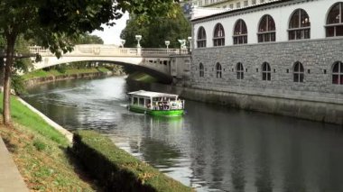 Ljubljana 'daki Ejderha Köprüsü. Ljubljanica Nehri 'nin karşısındaki Ljubljana şehrindeki karayolu köprüsü. Slovenya 'nın en ünlü ve tanınmış manzaralarından biri.. 