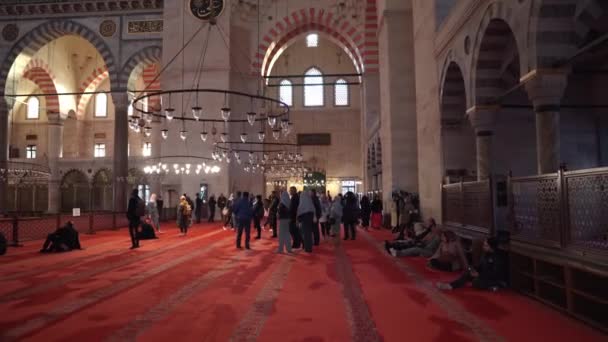 伊斯坦布尔的苏莱曼尼亚 伊斯坦布尔苏莱曼尼亚清真寺 苏丹苏莱曼的清真寺 伟大的 伊斯坦布尔苏莱曼尼亚清真寺的内部 人们祈祷 — 图库视频影像