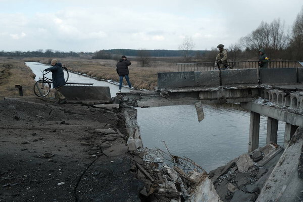 Hostroluchchya Ukraine March 2022 Damaged Bridge River Ukrainian Village Royalty Free Stock Photos