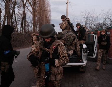 Hostroluchchya, Ukrayna: 15 Mart 2022: Bölgesel savunma savaşçıları