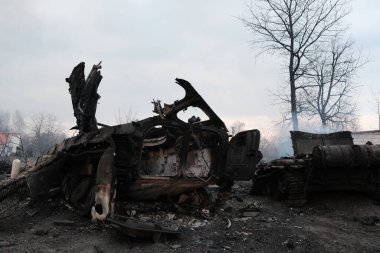 Lukyanivka, Ukraine: 25 March 2022: devastations in the liberated ukrainian village