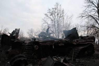 Lukyanivka, Ukrayna: 25 Mart 2022: Rus askeri aracı yok edildi