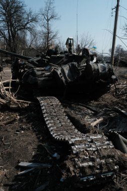 Lukyanivka, Ukrayna: 25 Mart 2022: Rus askeri aracı yok edildi
