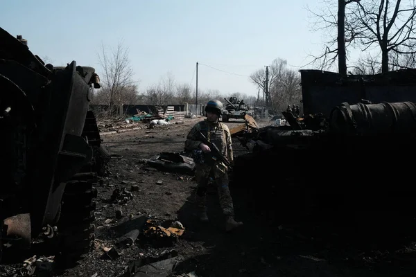 Lukyanivka Ukraine March 2022 Destroyed Russian Military Vehicle Ukrainian Territorial — Stock Photo, Image