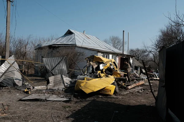 Lukyanivka Ukraine March 2022 Devastations Liberated Ukrainian Village — стоковое фото