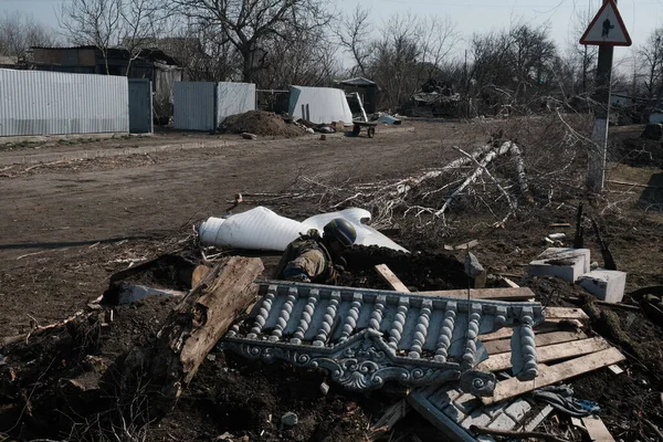 Lukyanivka Ukraine March 2022 Devastations Liberated Ukrainian Village — стокове фото