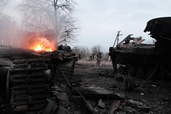 Lukyanivka Ukraine März 2022 Zerstörtes Russisches Militärfahrzeug — kostenloses Stockfoto