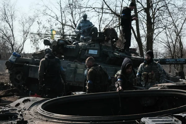 Лукьяновка Украина Марта 2022 Года Бойцы Территориальной Обороны Украины — стоковое фото