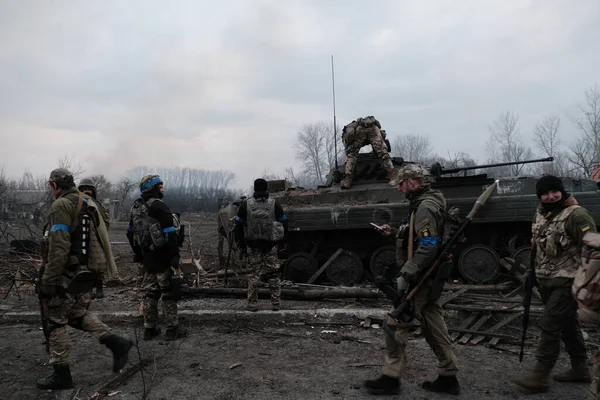 Lukyanivka Ukraine March 2022 Ukrainian Territorial Defence Fighters Tank — стоковое фото