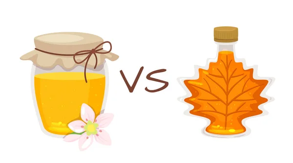Miel dans un bocal versus sirop d'érable canadien. — Image vectorielle