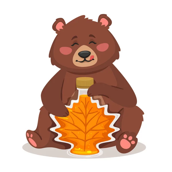 Schattig beer met een fles ahornsiroop. — Stockvector