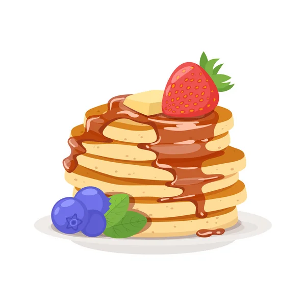 Pancakes with maple syrup, strawberry, and blueberry. — Stock Vector