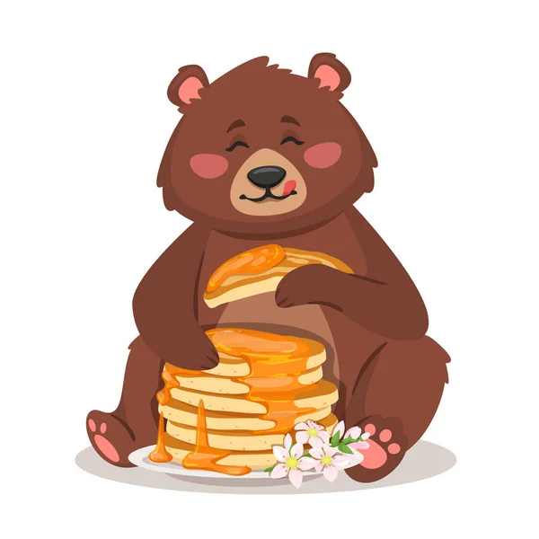 Zeichentrickbär isst Pfannkuchen mit Ahornsirup. — Stockvektor