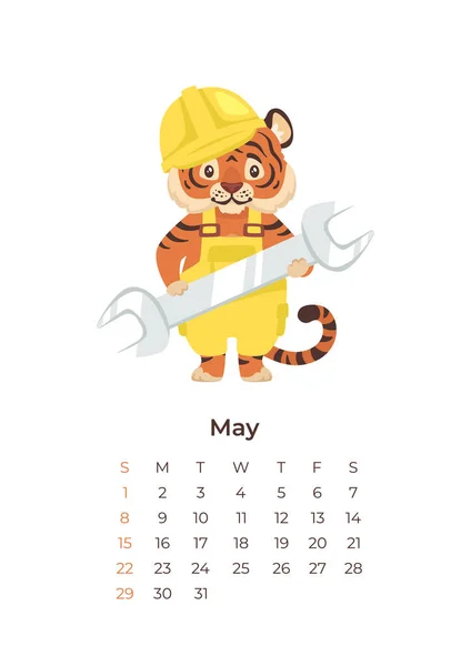 Cartoon tijger mei 2022 kalender A4 formaat sjabloon. — Stockvector
