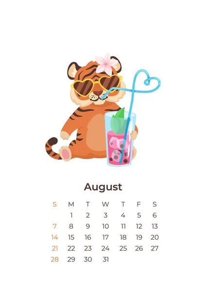 Desenho animado tigre agosto 2022 calendário A4 formato modelo. — Vetor de Stock