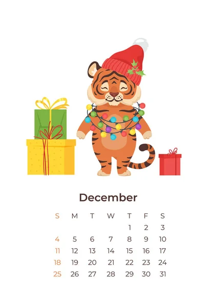 Tecknad tiger december 2022 kalender A4 vertikal mall. — Stock vektor