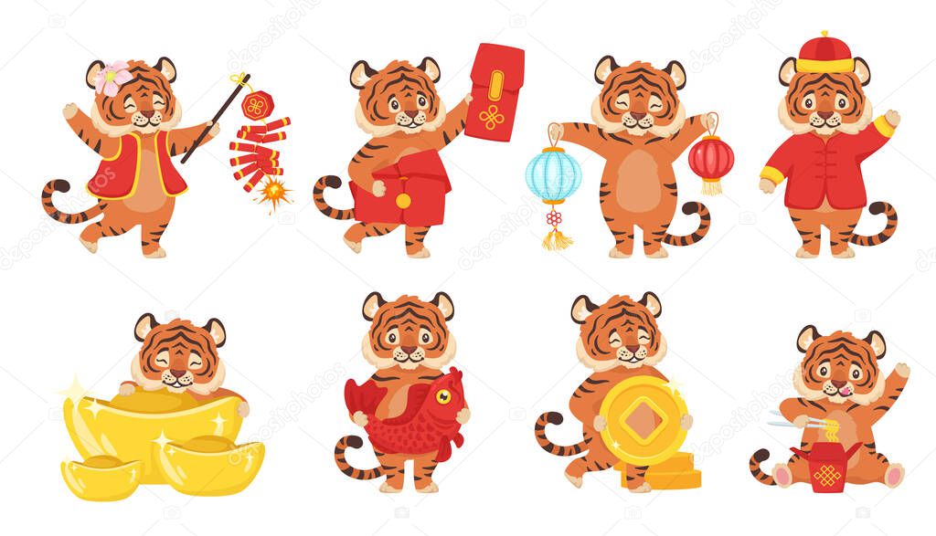 cartoon style set with cute chinese tiger