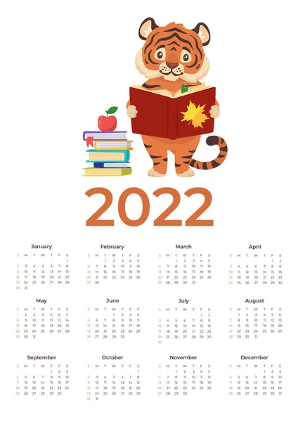 Vector cartoon 2022 calendar template with cute tiger — Stock Vector