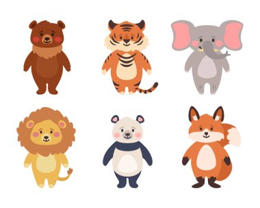 Bir grup hayvan, ayı, kaplan, panda, tilki.