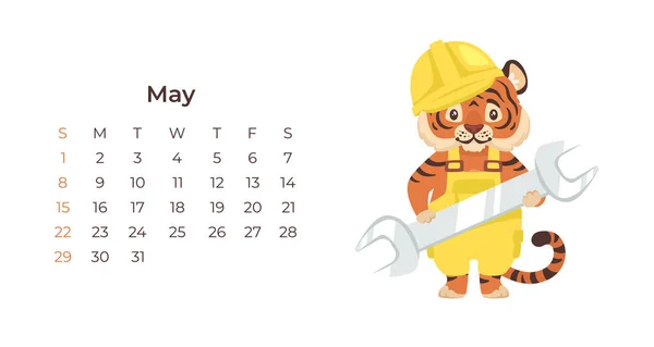 Leuke tekenfilm tijger mei 2022 kalender horizontale template. — Stockvector
